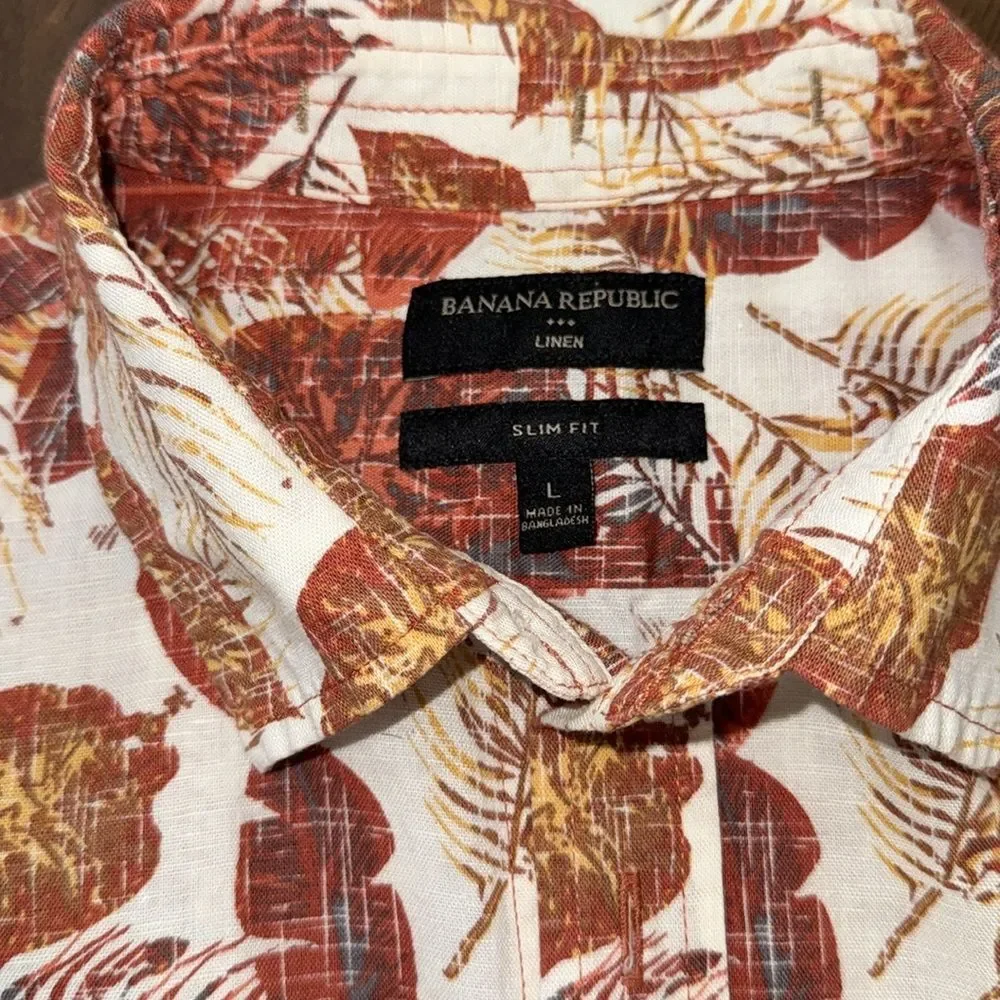 Banana Republic Linen Camp Shirt Slim Fit Tropical Floral Rust Cream Summer L